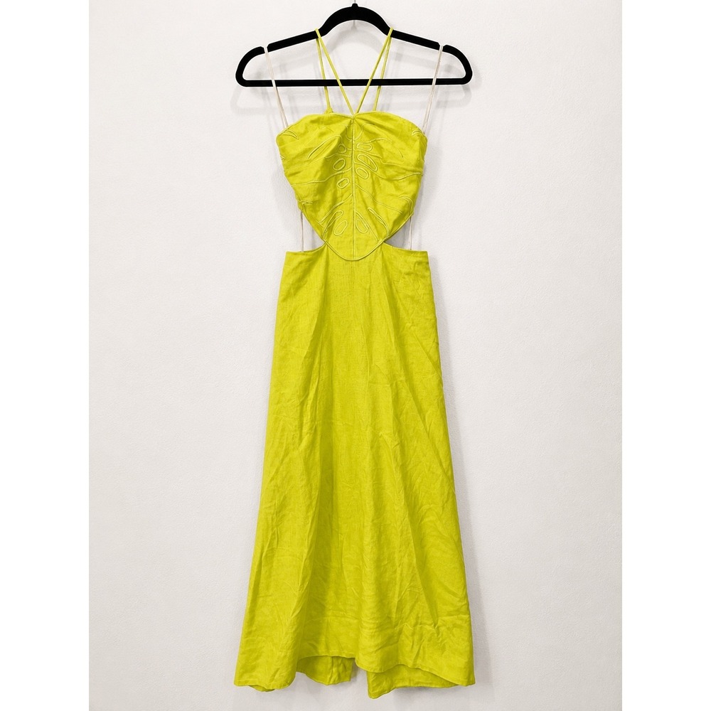 Farm Rio Monstera Leaf Embroidered Cut-Out Midi Dress Lime Green Small - Picture 3 of 6